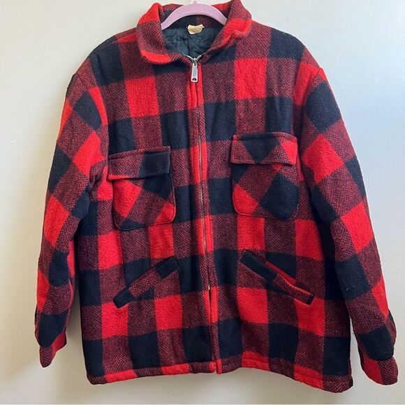 Vintage Plaid Jacket Rustic Lumberjack Red and Black Plaid Coat Hunting - Picture 1 of 7